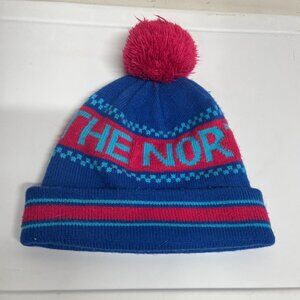The North Face Unisex Pom Pom Beanie Winter Hat Blue Pink Spell Out Pre-owned